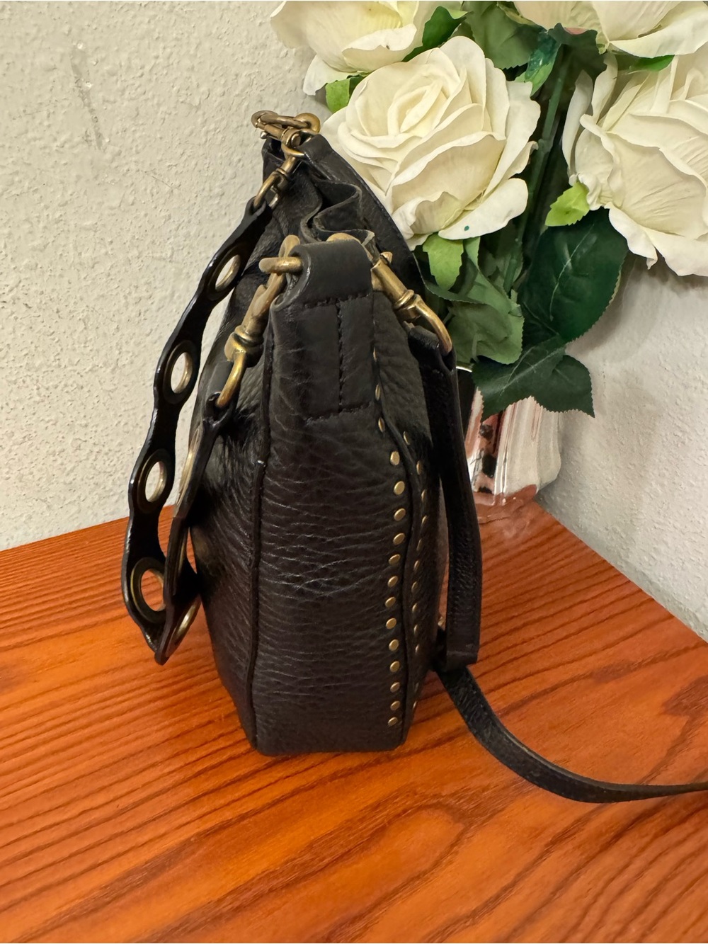 Rebecca Minkoff Black Pebbled Leather Crossbody with Gold Ring Detail - Picture 9 of 13